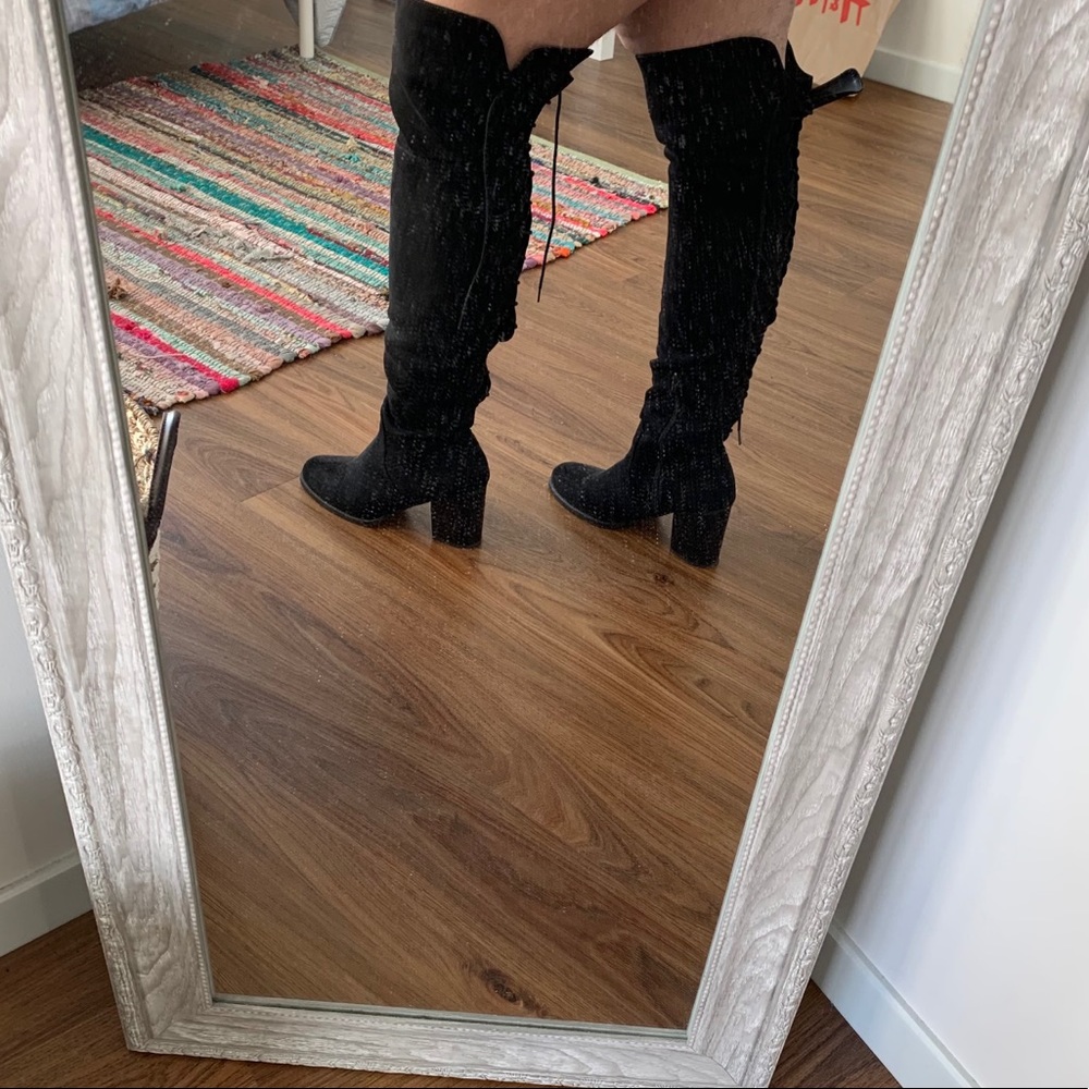 Knee high boots with back tie lace & side zipper